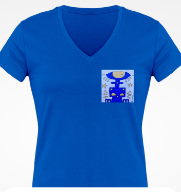 Tee-shirt col V manches courtes monstre bleu
