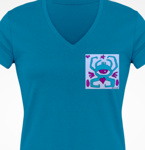 Tee-shirt col V manches courtes "monstre" bleu et fushia