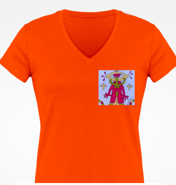 Tee-shirt col V manches courtes "monstre" orange et rouge