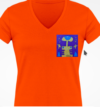 Tee-shirt col V manches courtes "monstre" orange et violet