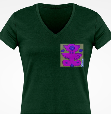 Tee-shirt col V manches courtes "monstre" vert et rose