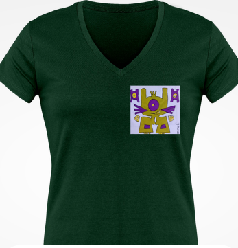 Tee-shirt col V manches courtes "monstre" vert et violet