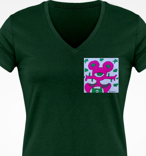 Tee-shirt Col V manches courtes "monstre" vert et rose